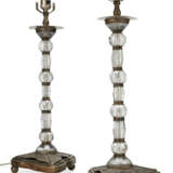 A PAIR OF ROCK CRYSTAL AND SILVERED-METAL CANDLESTICKS, NOW MOUNTED AS LAMPS - фото 1