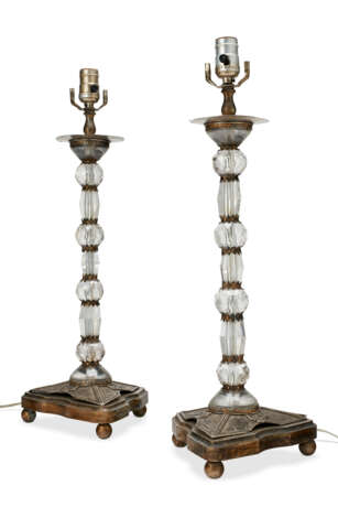 A PAIR OF ROCK CRYSTAL AND SILVERED-METAL CANDLESTICKS, NOW MOUNTED AS LAMPS - фото 1