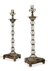 A PAIR OF ROCK CRYSTAL AND SILVERED-METAL CANDLESTICKS, NOW MOUNTED AS LAMPS