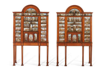 A PAIR OF GEORGE III SATINWOOD, AMARANTH, MAHOGANY, AND ITALIAN REVERSE-PAINTED GLASS CABINETS-ON-STANDS