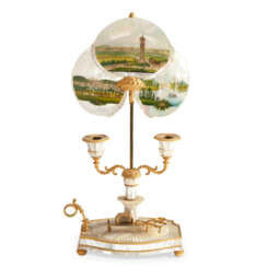 AN AUSTRIAN ORMOLU-MOUNTED, POLYCHROME-PAINTED MOTHER-OF-PEARL TWIN-BRANCH CANDELABRUM