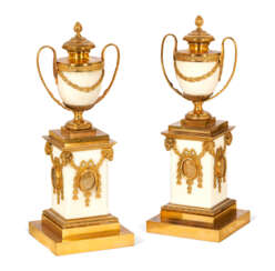 A PAIR OF GEORGE III ORMOLU-MOUNTED WHITE MARBLE CANDLE VASES