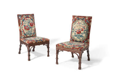 A PAIR OF EARLY GEORGE III MAHOGANY AND NEEDLEWORK SIDE CHAIRS