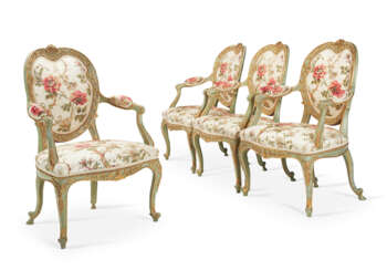 A SET OF FOUR NORTH ITALIAN CELADON-PAINTED AND PARCEL-GILT ARMCHAIRS