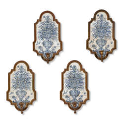 FOUR BRONZE-MOUNTED DUTCH DELFT BLUE AND WHITE TILE WALL LIGHTS