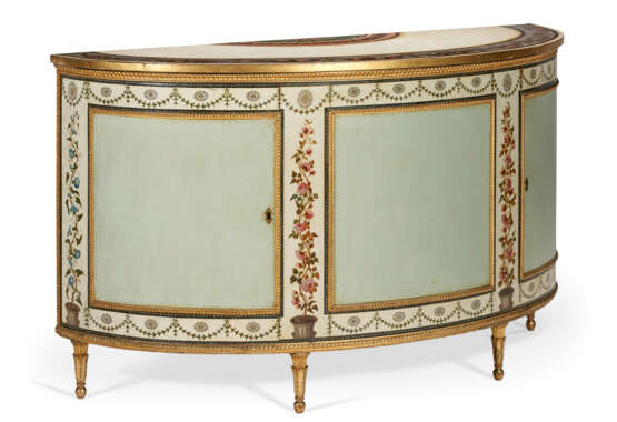 A GEORGE III CREAM, BLUE, POLYCHROME-PAINTED, AND PARCEL-GILT COMMODE - фото 5