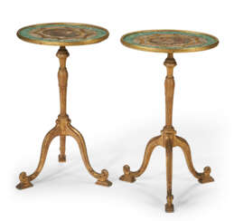 A PAIR OF GEORGE III CARVED GILTWOOD, POLYCHROME-PAINTED, AND PAPER SCROLL TABLES