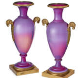 A PAIR OF CHARLES X ORMOLU-MOUNTED `GORGE DE PIGEON` OPALINE GLASS VSES - фото 1