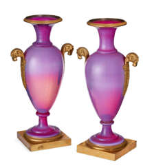 A PAIR OF CHARLES X ORMOLU-MOUNTED &#39;GORGE DE PIGEON&#39; OPALINE GLASS VSES
