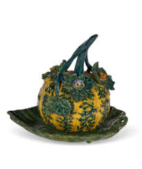 A DUTCH DELFT MELON-FORM BOX AND COVER AND LEAF-FORM STAND