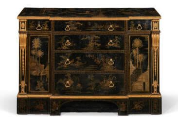 A GEORGE III CHINESE LACQUER, BLACK-AND-GILT JAPANNED, AND PARCEL-GILT COMMODE