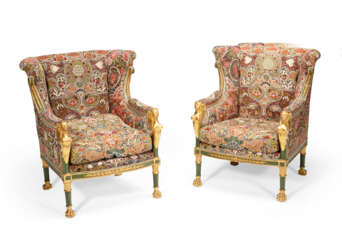 A PAIR OF NORTH EUROPEAN PAINTED AND PARCEL-GILT ARMCHAIRS