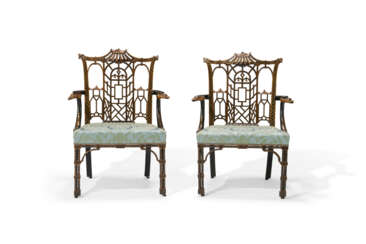 A PAIR OF EARLY GEORGE III BLACK AND GILT-JAPANNED ARMCHAIRS