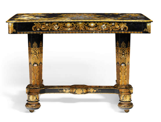 A VICTORIAN POLYCHROME, PARCEL-GILT AND MOTHER-OF-PEARL INLAID PAPIER M&#194;CH&#201; AND EBONIZED TABLE - photo 2
