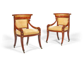 A PAIR OF REGENCY GRAINED MAHOGANY AND PARCEL-GILT ARMCHAIRS