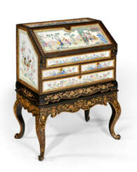 A CHINESE EXPORT CANTON ENAMEL FAMILLE ROSE AND BLACK-AND-GOLD LACQUER BUREAU-ON-STAND