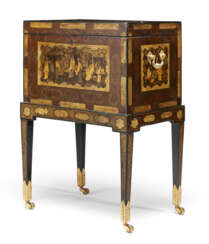 A CHINESE EXPORT BLACK, GILT AND POLYCHROME LACQUER TEA CHEST-ON-STAND