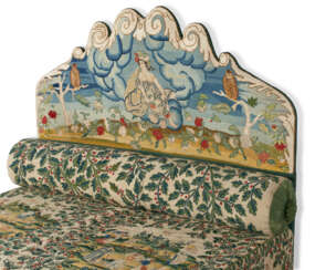 A CONTINENTAL NEEDLEWORK HEADBOARD, COVERLET AND BOLSTER