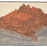 A WATERCOLOUR OF A WOODEN PAVILION ON STILTS - фото 1