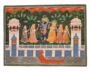 SRI NATHJI AND GOPIS IN A GARDEN PAVILION