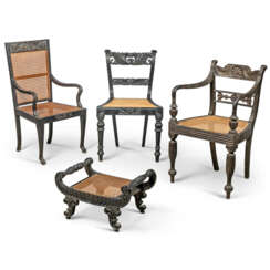 THREE ANGLO-INDIAN CANED CHAIRS AND SIMILAR FOOTSTOOL