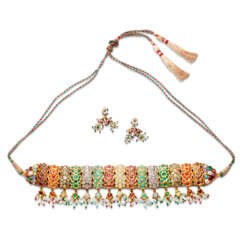 A GEM-SET NAVARATNA GOLD NECKLACE AND EARRINGS