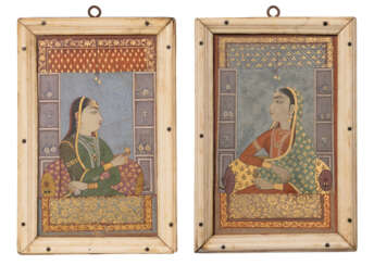 A PAIR OF PORTRAITS DEPICTING LADIES ON BALCONIES