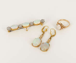 Opal Diamond Set: Ring, Brooch and Ear Pendants