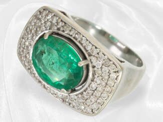 Ring: Vintage Brillant/Smaragd-Goldschmiedering mit großem Smaragd, Handarbeit, Smaragd ca. 3,6ct