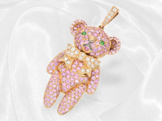 Neuwertiger, ausgefallener Goldschmiede-Anhänger mit pinken Saphiren und Brillanten, "Teddybär" 18K Gold - Foto 2