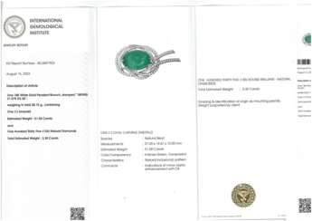 Unikat: neuwertige Brosche/Anhänger im Schleifen-Design, großer Smaragd von ca. 51,58ct, ca. 3,3ct Brillanten, IGI-Report