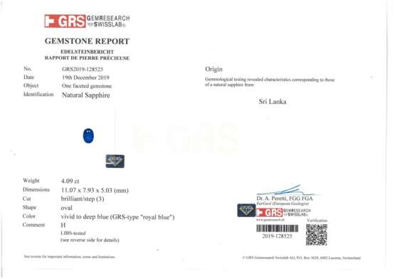 Wertvoller Brillantring mit unbehandeltem, seltenen Ceylon-Saphir von 4,09ct, Platin, mit GRS Gemstone Report aus der Schweiz - Foto 9