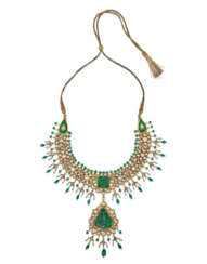 A DIAMOND AND CARVED EMERALD-SET ENAMELLED NECKLACE