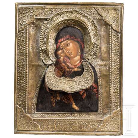 Ikone mit der Gottesmutter von Wladimir (Wladimirskaja) mit Riza und Tsata, Russland, 19. Jhdt. - photo 1