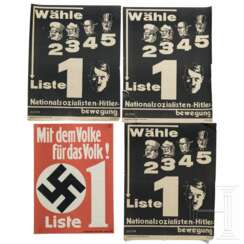 Vier frühe Wahlplakate der NS-Hitler-Bewegung, u.a. "Wähle Liste 1 - Mit dem Volke für das Volk", um 1932