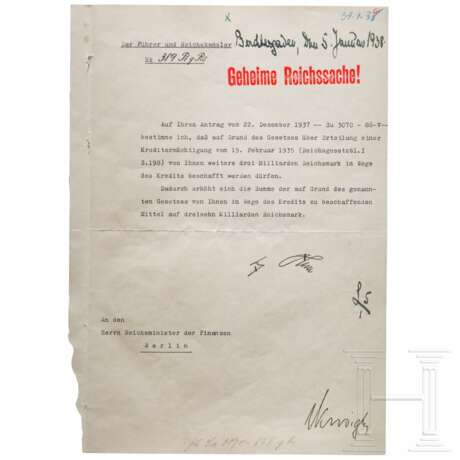 Adolf Hitler - Kreditermächtigung vom 5. Januar 1938 mit einer Erhöhung von 10 auf 13 Milliarden RM - Foto 1