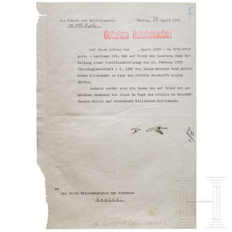 Adolf Hitler - Kreditermächtigung vom 30. April 1938 mit einer Erhöhung von 13 auf 17 Milliarden RM - Foto 1