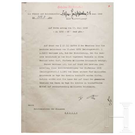 Adolf Hitler - Kreditermächtigung vom 16. Juni 1940 mit einer Erhöhung von 61 auf 66 Milliarden RM - photo 1