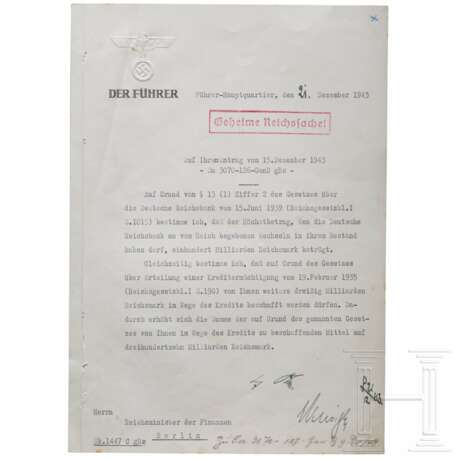 Adolf Hitler - Kreditermächtigung vom 21. Dezember 1943 mit einer Erhöhung von 270 auf 310 Milliarden RM - Foto 1