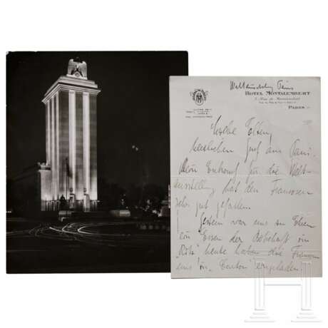 Albert Speer - Schreiben an seine Eltern sowie Foto vom Deutschen Pavillon auf der Weltausstellung in Paris, 1937 - photo 1