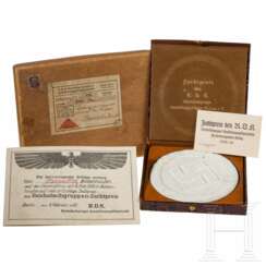 Zuchtpreis des R.D.K. für Geflügelzüchter 1934/35 in Schachtel mit Urkunde