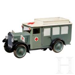Hausser Krankenauto 738 in Hellgrau mit drei Elastolin Sanitätsfiguren