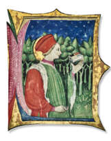 A physician saint holding a casket, cut from an illuminated Antiphonal