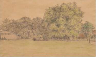 &amp;quot;Bauernhaus unter Bäumen&amp;quot;, aquarellierte Zeichnung, unsign., 29x40 cm, im Passepartout hinter Glas und Rahmen