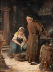 &quot;Mönch in der Küche&quot;, Öl/ Karton, undeutl. sign. u.r., 22x16,5 cm, Rahmen