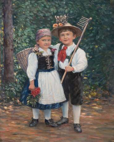 "Kinder in Tracht", Öl/ Holz, unsign., 66x50 cm, ungerahmt - photo 1