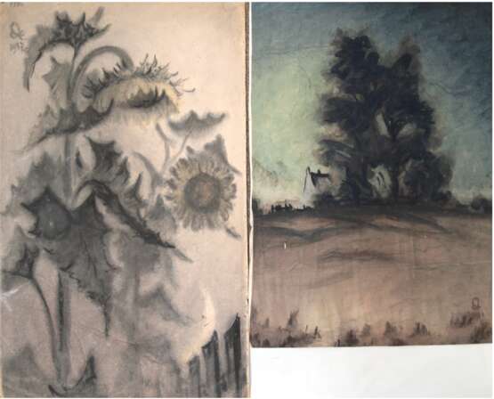 Deckwer (1. Hälfte 20. Jh.) 2 Aquarelle "Sonnenblumen", monogr. und dat. 1937 o.l., 91x59 cm und "Baumgruppe vor Gehöft", monogr. und dat. 1935 u.r., 78x57 cm, je auf Seidenpapier mit starken Knickspuren - Foto 1