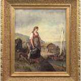 Maler des 19. Jh. "Junge Fischersfrau mit Hund am Ufer vor Fischerdorf stehend", Öl/Lw., unsigniert, 52x42,5 cm, Rahmen - фото 1