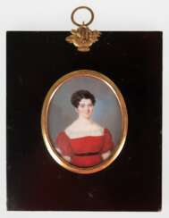 Miniatur &quot;Porträt einer Dame im roten Kleid&quot;, 19. Jh., hinter gewölbtem Glas, im schwarzen Rahmen (Gebrauchspuren), ges. 13,3x11,5 cm