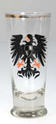 Patriotisches Bierglas mit emailliertem Adler, Ende 19. Jh., 1/4 Liter, Goldrand berieben, H. 15,5 cm